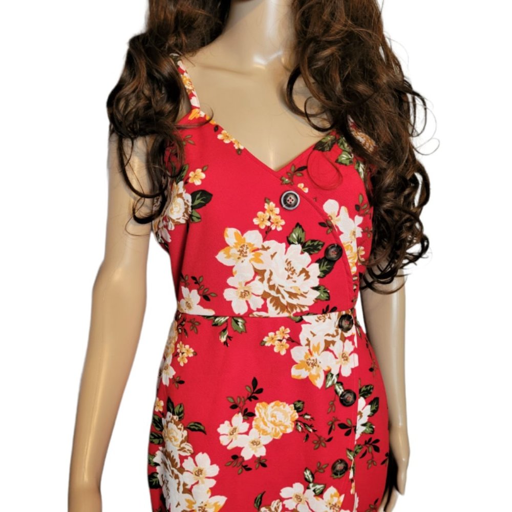 FULL CIRCLE TRENDS Sexy Red Floral Faux Wrap Sun Dress NWOT Size Large